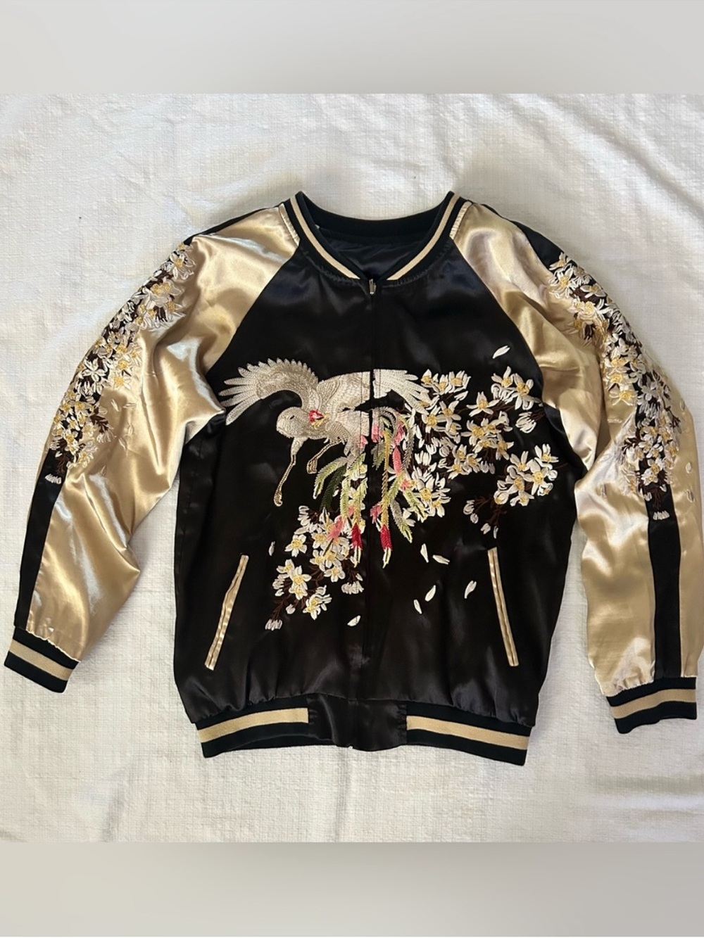 Vintage Japanese Sukajan Souvenir Jacket Embroidered Crane Reversible M